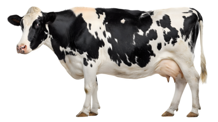 Majestic Holstein cow stands elegantly, showcasing healthy udder and distinctive black and white markings for dairy farming