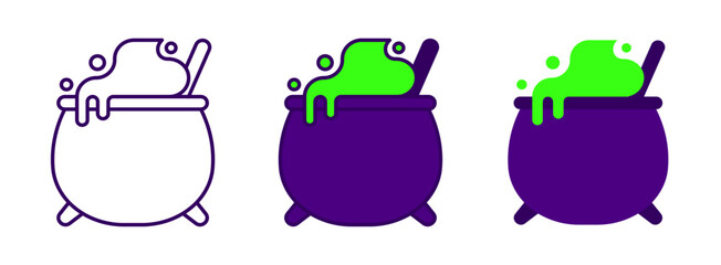 Fototapeta premium Spooky purple cauldron with glowing neon green potion in outline, flat, and detailed styles for Halloween magic scenes.