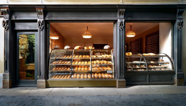 cozy storefront of a bakery with a large window displaying delicious baked goods inviting customers inside