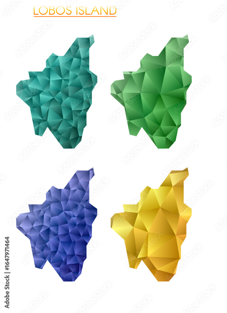 Poster set of vector polygonal maps of lobos island. bright gradient map of island in low poly style. multi