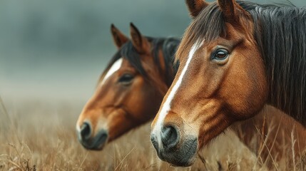 Two brown horses standing in a grassy field at dawn with a misty background in a serene rural setting