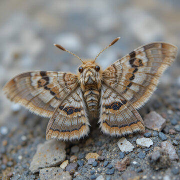 Closeup on the Dwarf Pug geometer moth, Eupithecia tantillaria, with spread wings on a stone