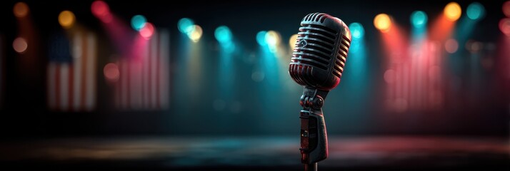 Vintage microphone stands ready on stage illuminated by colorful lights during a live performance setup