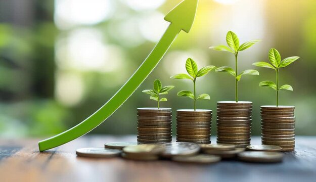 Stacked coins with green plant seedlings growing on top, arranged in ascending order from left to right, symbolizing financial growth and investment, green upward arrow in background