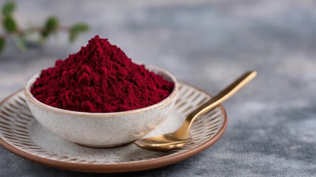 Dehydrated beetroot powder creates vibrant, earthy patterns on a white plate, ideal for health-conscious culinary creations.