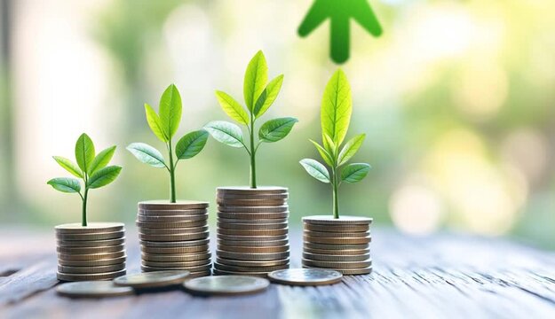 Stacked coins with green plant seedlings growing on top, arranged in ascending order from left to right, symbolizing financial growth and investment, green upward arrow in background