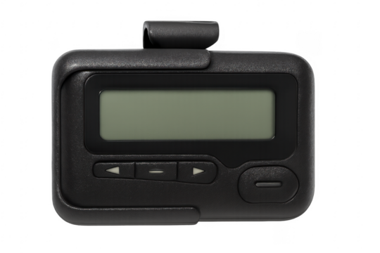 Black pager with clip displaying blank screen on transparent background