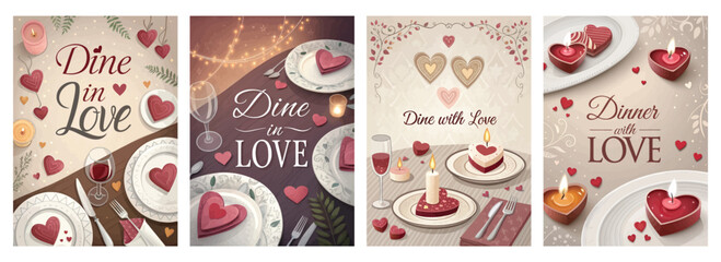 Four romantic table settings featuring heart motifs for a love-themed dining experience.
