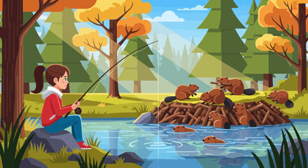 Animated scene showing a girl fishing near beavers habitat during autumn © Rizqi