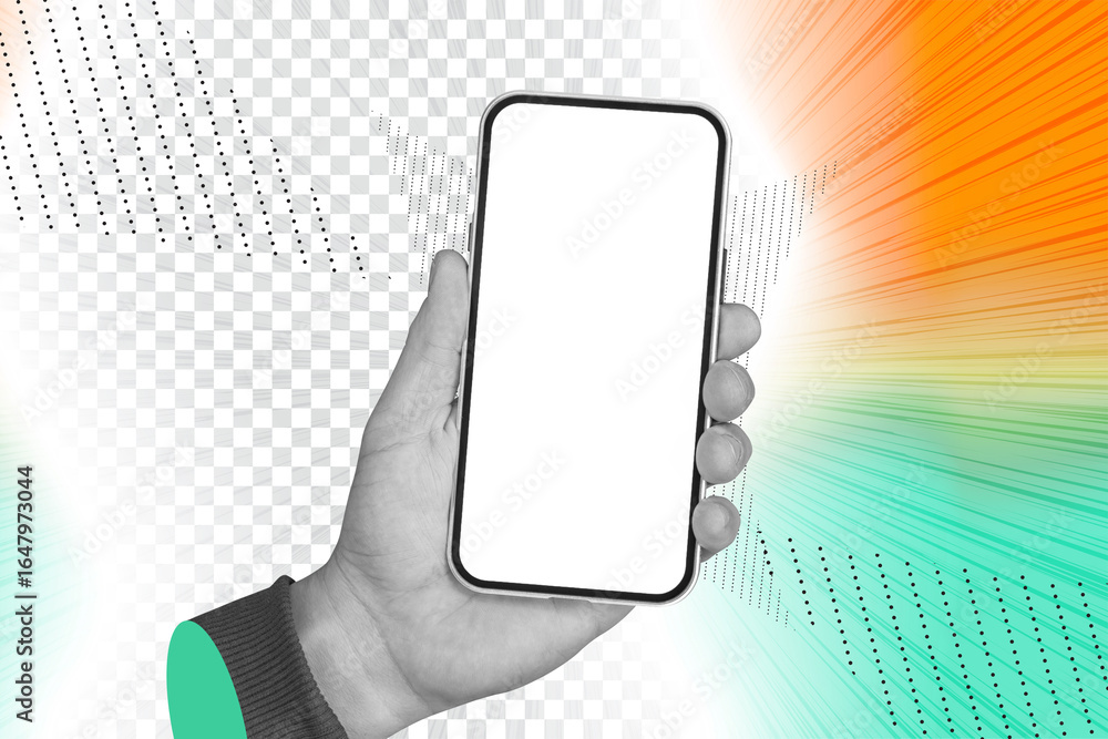 Poster creative smartphone mockup in hand, blank white screen for design artwork and app interface. art col