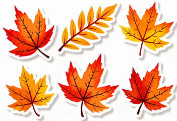 set of stickers with autumn leaves, white border, on a white background