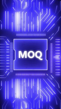 Minimum Order Quantity. MOQ concept head up display (HUD UI) panel and futuristic technology. Digital Data moving on Circuit Board and CPU . Computer Processing and organizing data.