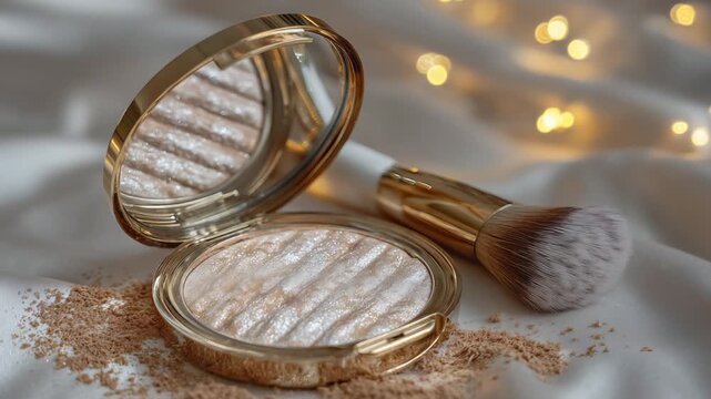 A luxurious bronzer compact with a soft brush and shimmering powder creates a warm, radiant glow on a glossy surface.