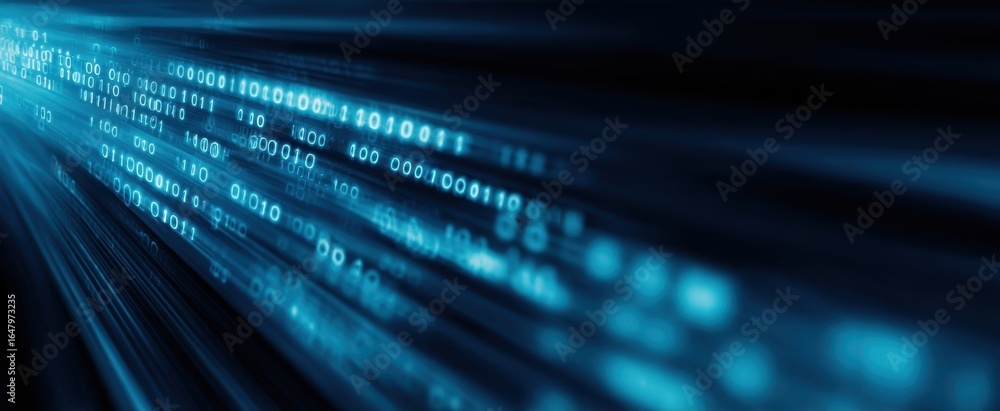 Poster the binary data stream racing through futuristic blue light in high speed motion