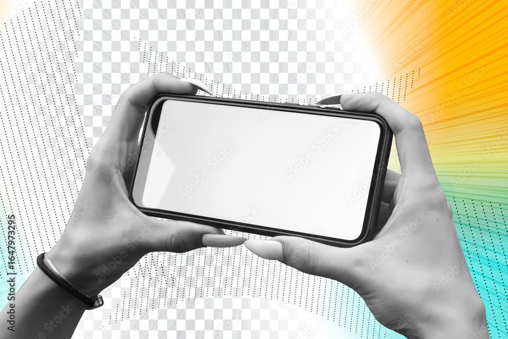 Poster creative smartphone mockup in hand, blank white screen for design artwork and app interface. art col