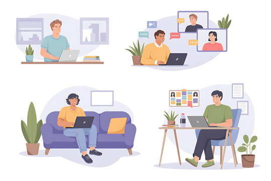 Diverse people working remotely from home on laptops in various comfortable settings