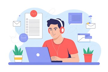 Young man wearing headphones learning online with a laptop and digital interface elements