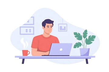 Man working remotely on laptop at desk with coffee and plant