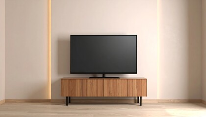Modern Living Room Setup with Wooden TV Stand and Ambient Wall Lighting