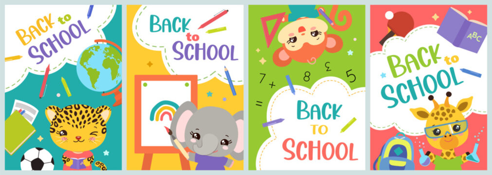 Back to school posters with cute cartoon animals. For banner, book cover, sale flyer or greeting card. Kawaii safari animal characters and school supplies. Hand drawn illustration vector flat design.