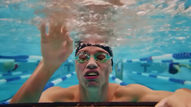 Competitive swimmer touches finish line in underwater pool race sequence