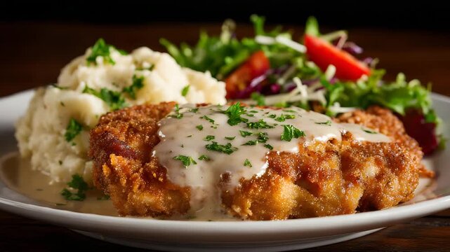 Ultra HD A delicious schnitzel meal on a plate, chicken fried steak, breaded cutlet topped with creamy sauce and garnished with fresh parsley, served with mashed potatoes and a side salad 