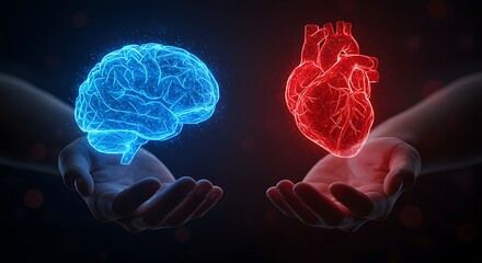 Digital brain and heart held in hands representing the connection between mind and body for health