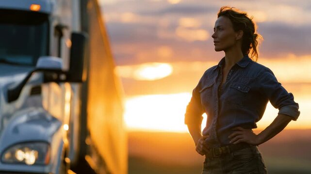 A woman trucker stands confidently by her semi truck at sunset, highlighting the vast open road and freight industry.