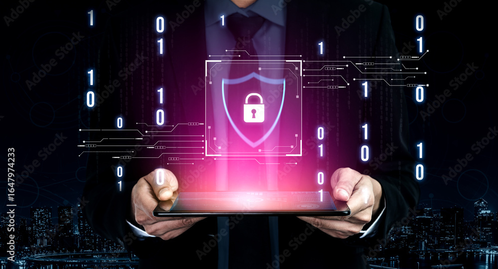 Poster cyber security protects against breaches, hacks, and network attacks using strong infrastructure and
