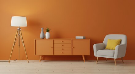 Cozy living room interior with orange wall cabinet armchair and floor lamp creating a warm and inviting atmosphere