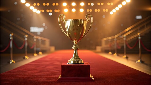 Golden trophy cup on red carpet with spotlight in award ceremony hall