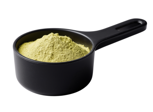 Black measuring scoop filled with light yellow powder isolated on a transparent background