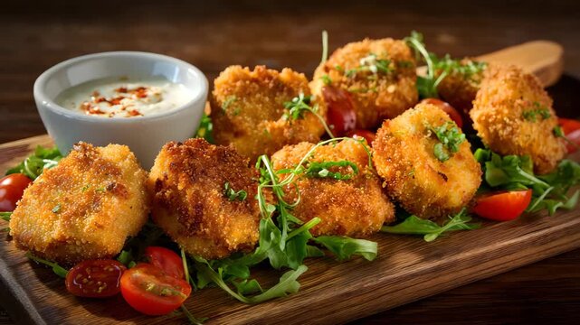 Ultra HD Delicious fried halloumi cheese with fresh rocket salad and tomatoes, served with a creamy dipping sauce on a wooden board, a gourmet vegetarian starter, chicken nugget presentation