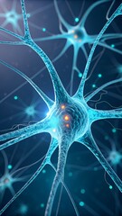 Close-up view of active blue neuron network with glowing synapses