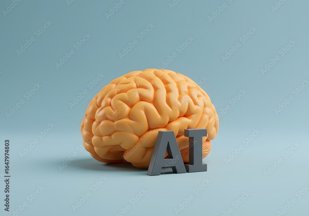 Poster conceptualizing artificial intelligence represented by a human brain model and the ai acronym symbol