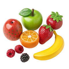Naklejka premium Colorful Fruit Composition Apple, Banana, Strawberry, Orange, Raspberry and Blackberry Isolated on Transparent Background, Fruit, Illustration, Graphics, berries, food, design