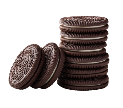 Two chocolate cream-filled sandwich cookies leaning against a stack isolated on a transparent background - Powered by Adobe
