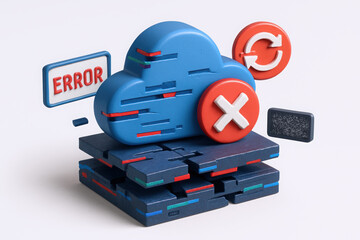 Colorful cloud storage icon with error symbols, embodying technology and data challenges.