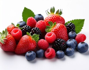 Obraz premium vibrant fresh assorted berries including strawberries blueberries raspberries and blackberries against a white background