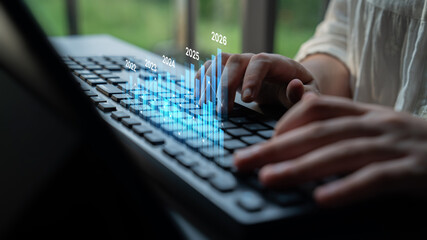 Business bar chart and line graph showing yearly business growth from 2022 to new year 2026,...