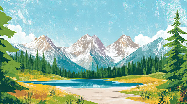 Hand-painted illustration of a majestic mountain range with vibrant scenery for Public Lands Day