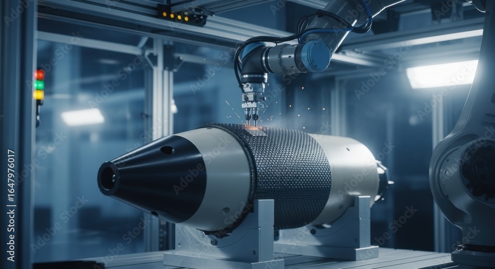 Poster wide angle view of an automated robotic arm layering composite materials on lowobservable naval mine