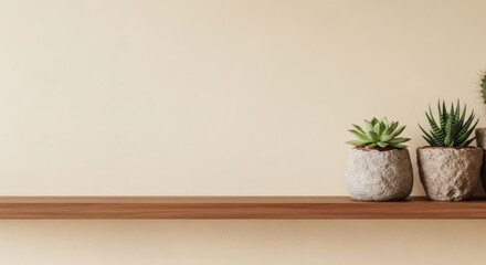 Two textured pots with small succulents sit on a wooden shelf against a neutral wall
