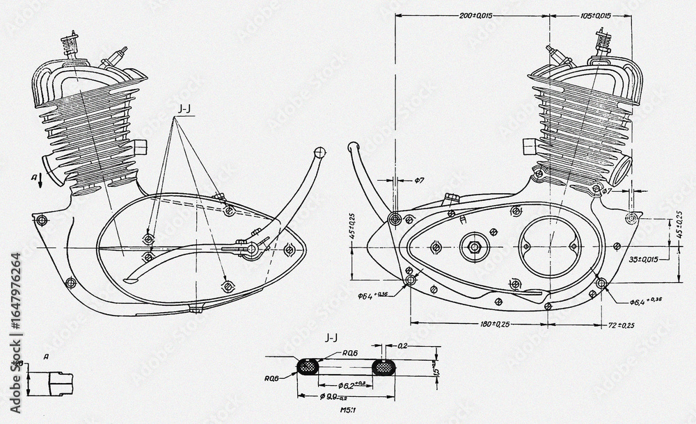 Poster assembly drawing of motorcycle engine. engineering mechanical drawing. technical computer cad scheme