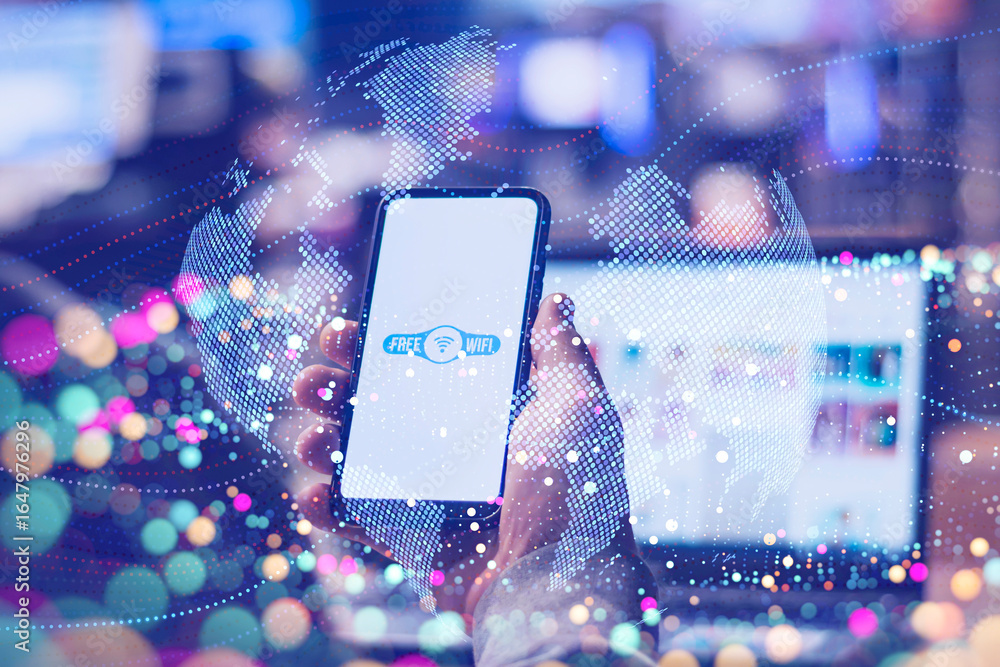 Poster close-up of hands holding smartphone with wifi symbol on the screen with digital dotted world map. c