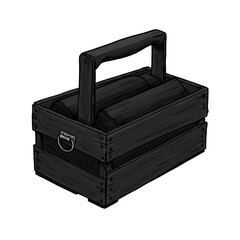 Of black wooden crate with a sturdy handle, designed for carrying and storage, isolated on transparent background