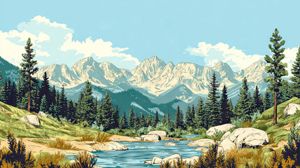 Scenic Mountain Landscape with River and Forest in Vector Illustration Style for Public Lands Day