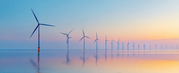 The Wind Turbines Lined Across Calm Offshore Waters at Pastel Sunrise Reflection