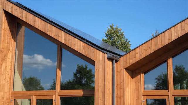 Modern building with a striking wooden facade and expansive windows reflecting the blue sky and green trees