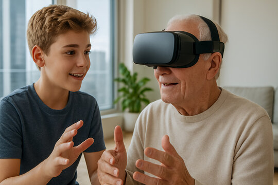 Grandfather and son. A teenage grandson teaches elderly grandpa to use VR headset in bright modern high-rise living room of an apartment. Concept of family technology bonding scene, digital learning. 
